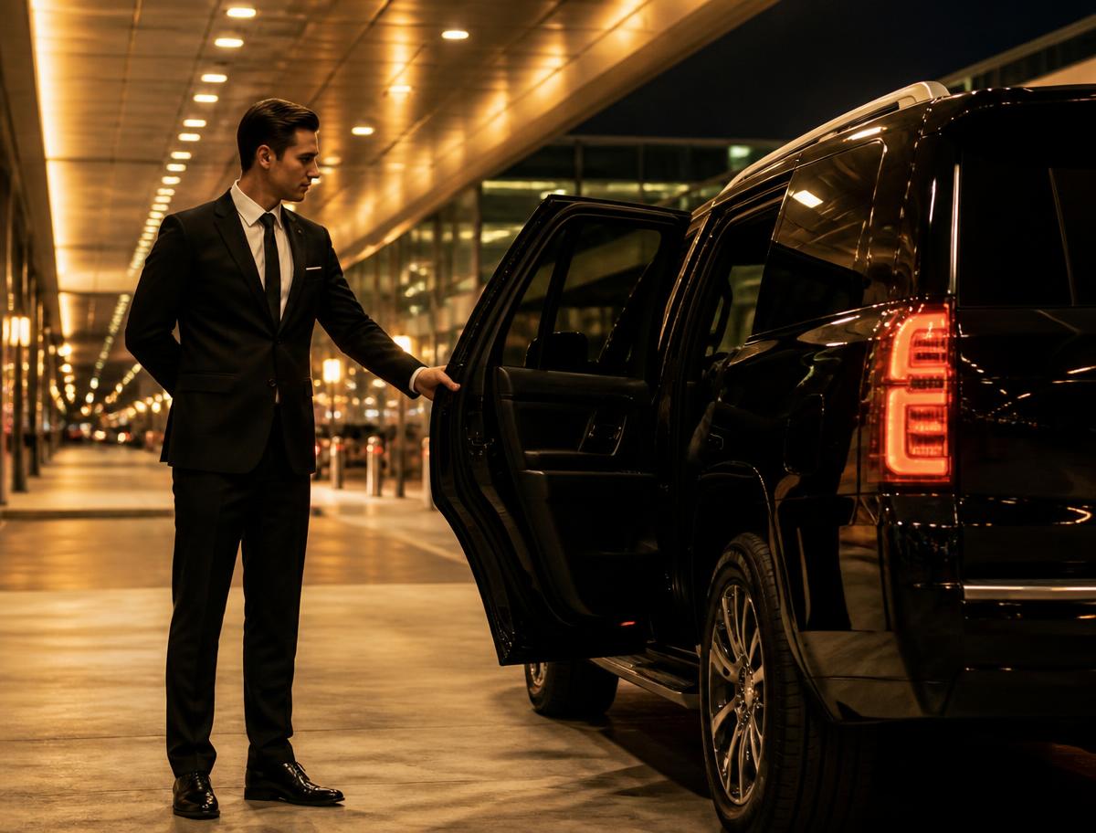Chauffeur in a black suit opening the rear door of a luxury SUV
