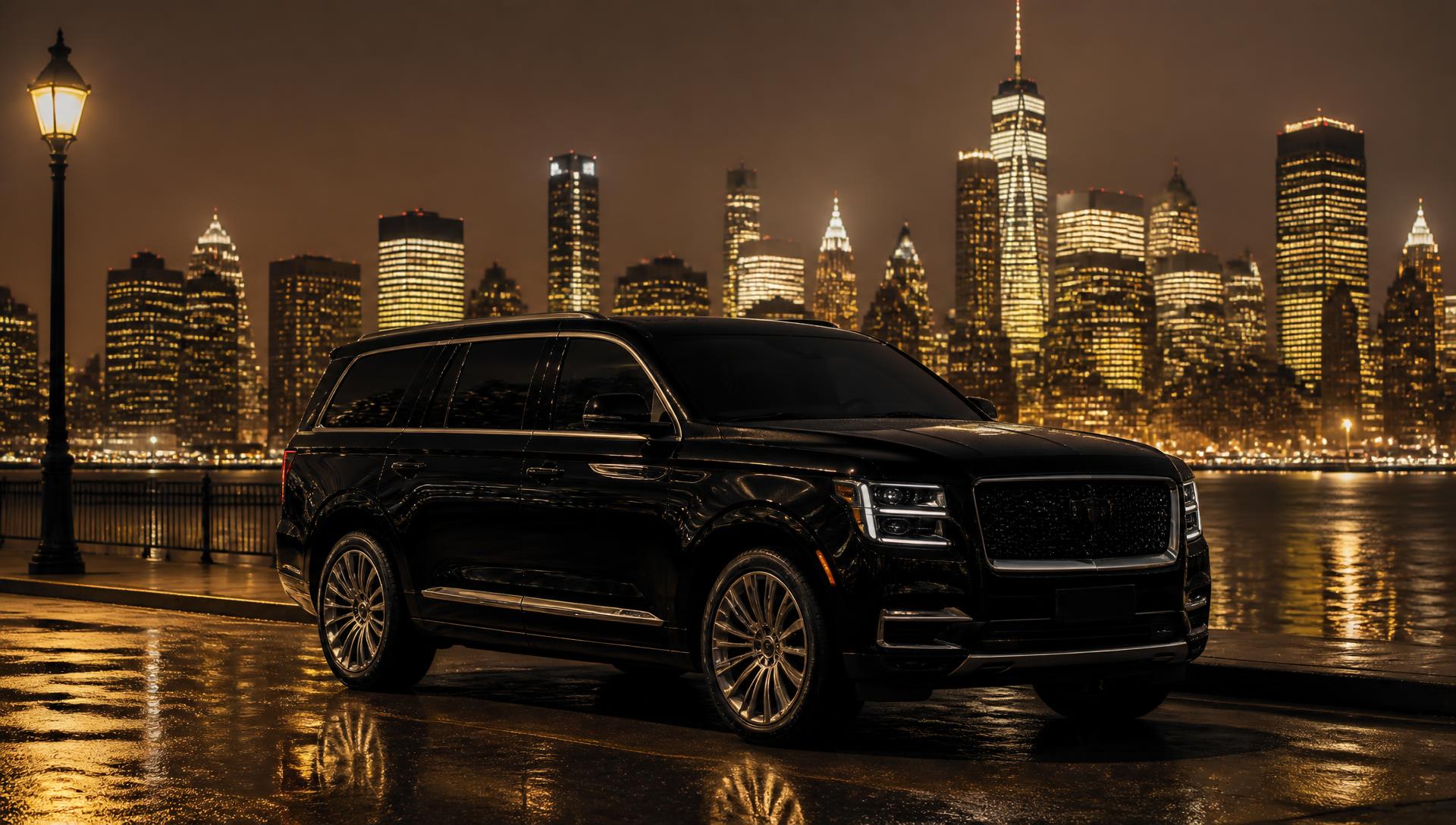 Black luxury SUV parked at night in front of the Manhattan skyline